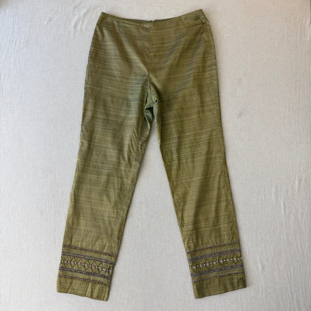 Muse 2 Piece Pant Set Womens 8 Green 100% Silk Beaded Embroidered Crop Top Pants